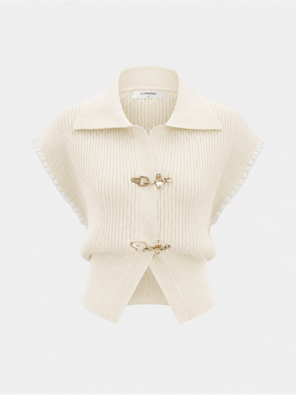 Commense Cream Ribbed Contrast Trim Collard Knit Vest